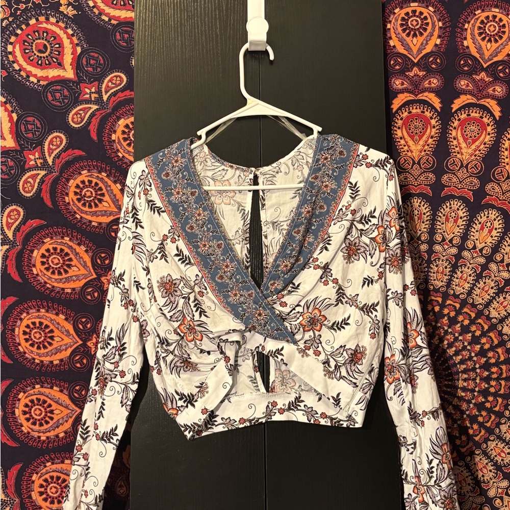 Floral Wrap Top - White and Blue